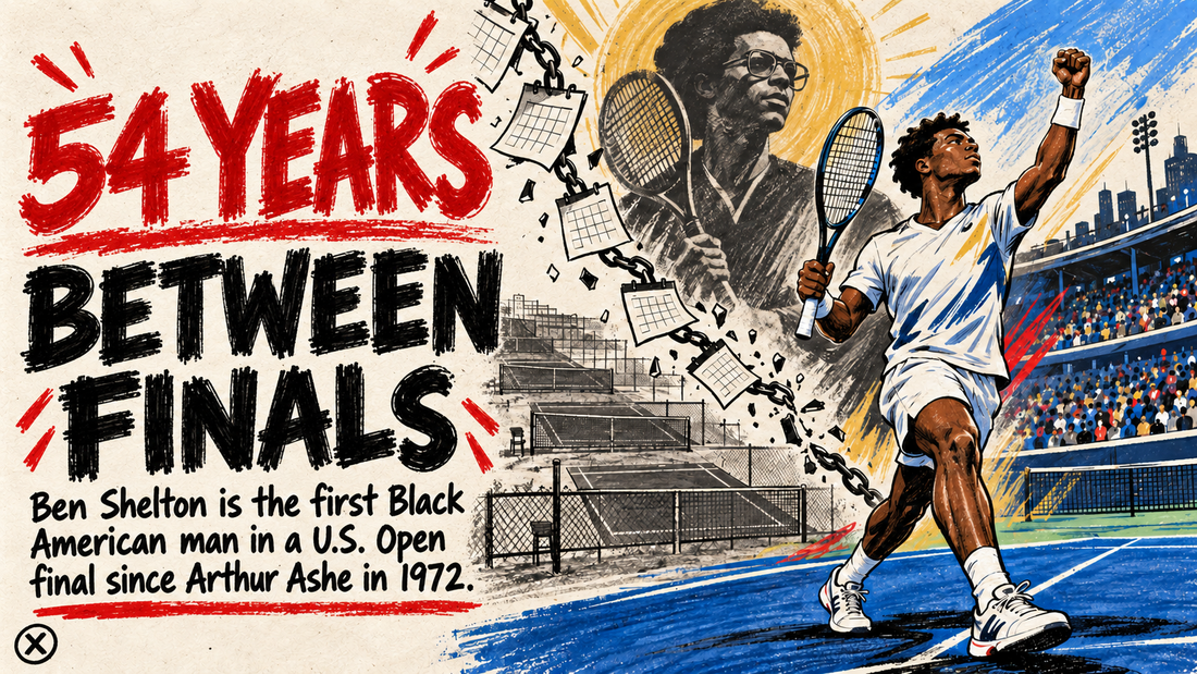 Hand-drawn BLACKRALLY X editorial poster reading 54 Years Between Finals, showing a Black tennis player and Arthur Ashe’s legacy.