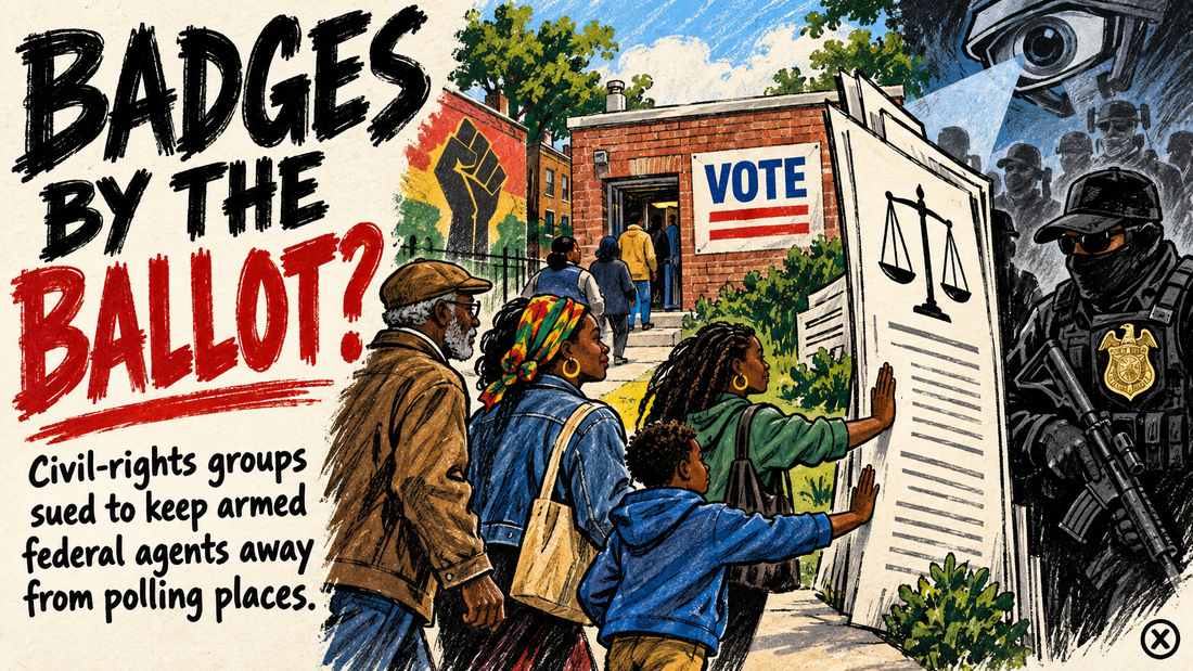 Hand-drawn BLACKRALLY X illustration of Black voters protected by a legal complaint from armed federal agents near a polling place.