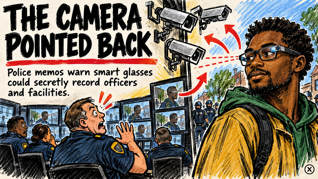Hand-drawn editorial illustration of smart-glasses surveillance cameras turning back toward a police control room.