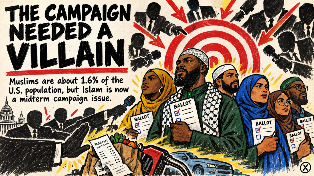 Hand-drawn editorial illustration of Muslim American voters being targeted by campaign rhetoric.