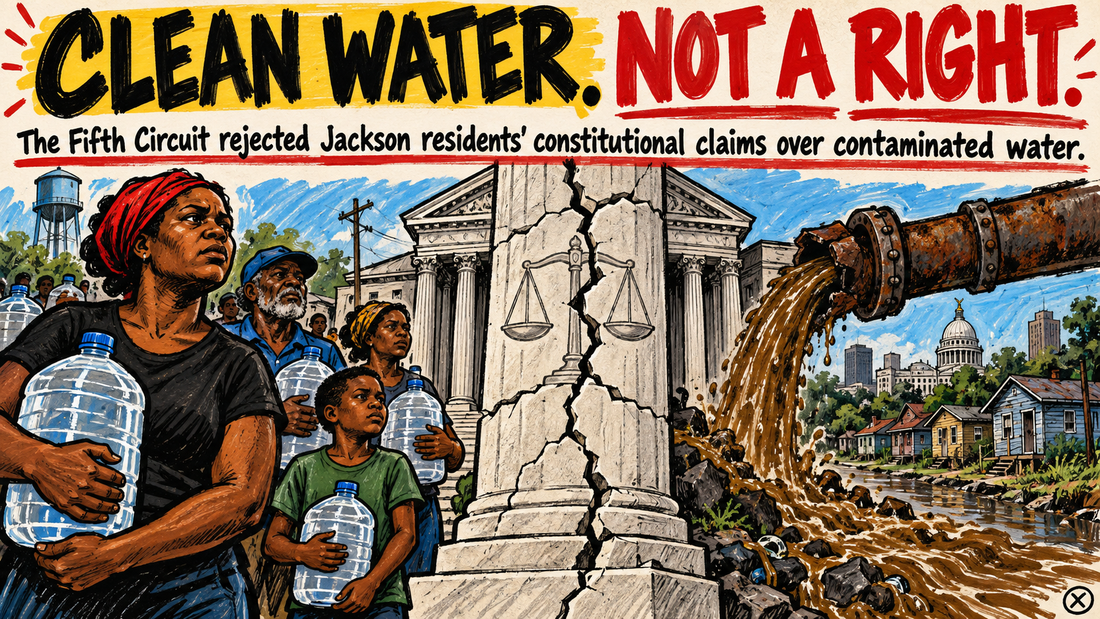 Black editorial illustration of Jackson residents carrying water beside a cracked courthouse and contaminated pipe.