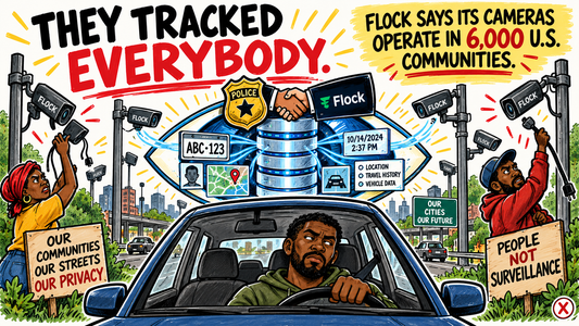 Black driver surrounded by license-plate cameras feeding travel data into a giant database eye.