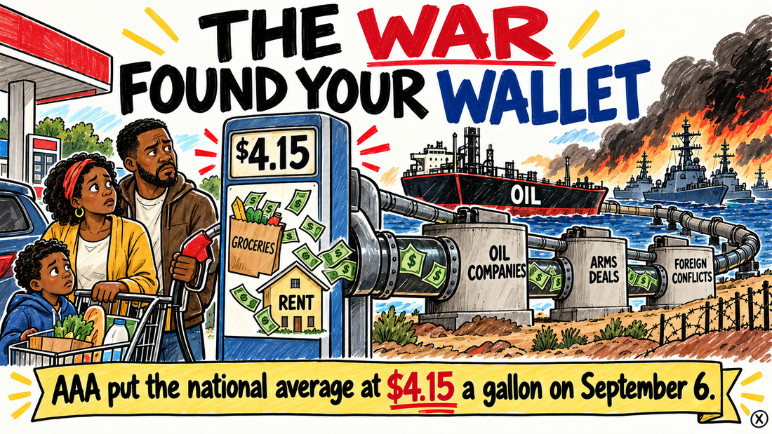 Hand-drawn editorial illustration of a Black family at a gas pump linked by pipeline to oil tankers, warships and household costs.