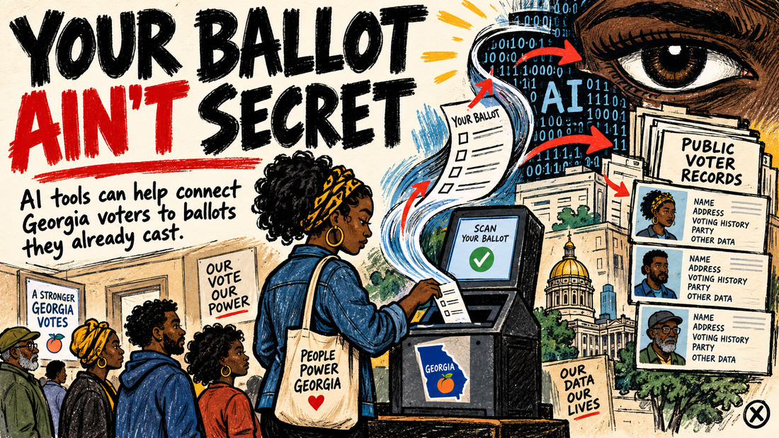 Black editorial illustration showing Georgia ballot records being linked to voters with AI tools.