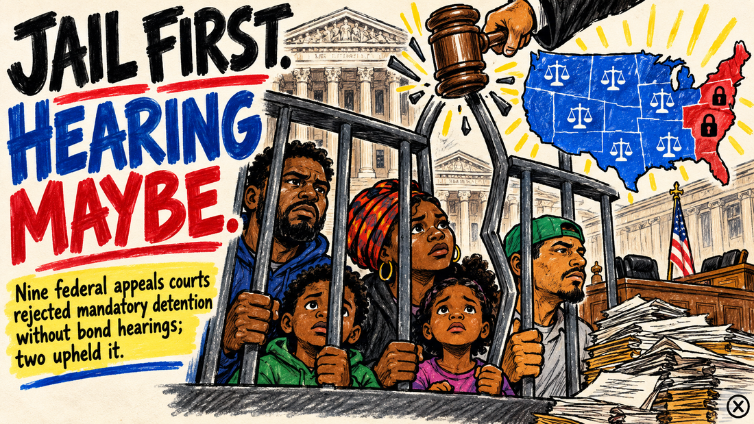 Hand-drawn BLACKRALLY X editorial poster showing a Black immigrant family behind bars as a judge's gavel breaks one open.