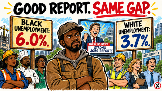 Black worker between signs showing 6.0 percent Black unemployment and 3.7 percent White unemployment.