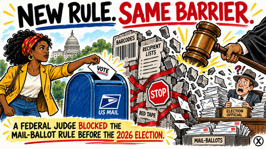 Black voter mailing a ballot as a judge’s gavel breaks a wall of barcode requirements and red tape.