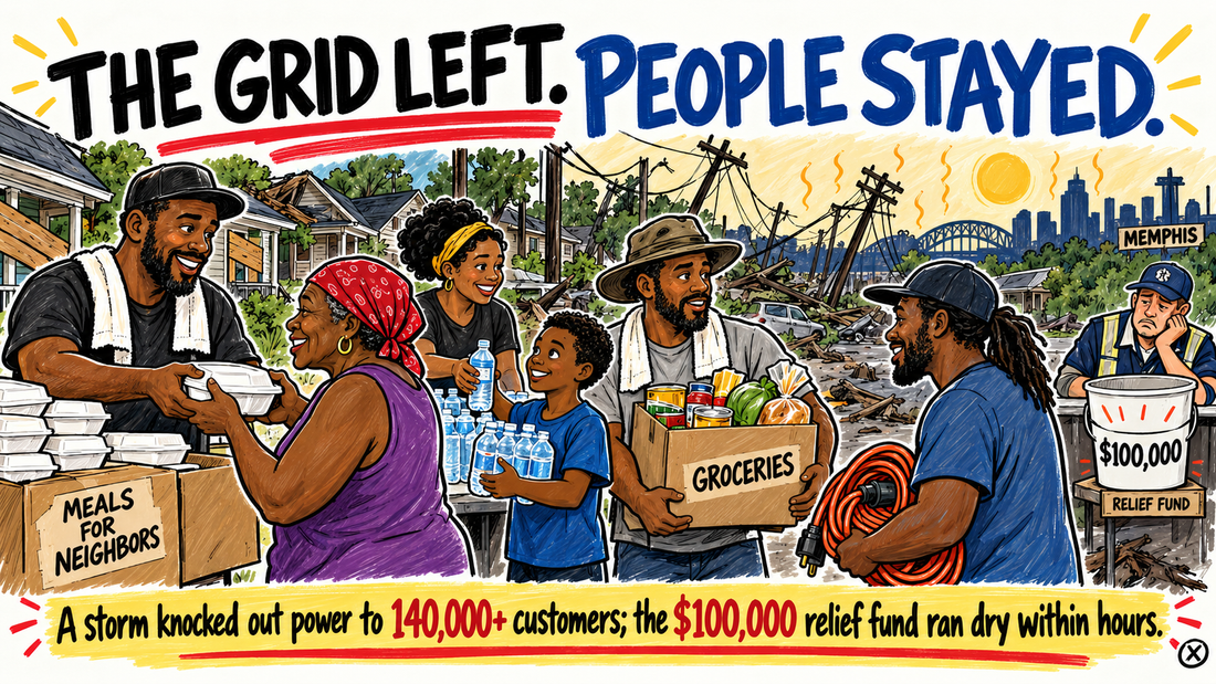 Hand-drawn editorial illustration of Black Memphis neighbors distributing food, water and generator power after a major storm outage.
