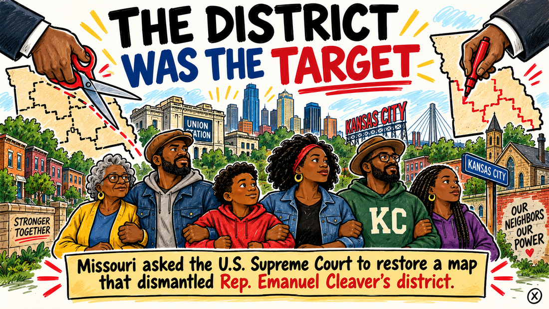 Hand-drawn editorial illustration of Black Kansas City residents holding their neighborhood together as political hands cut and redraw a congressional map.