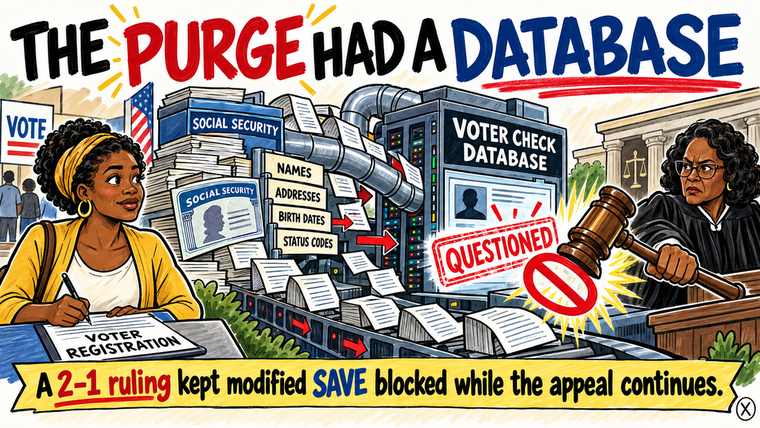 Hand-drawn editorial illustration of a Black voter, Social Security records flowing into a voter-check database, and a judge blocking a questioned stamp.