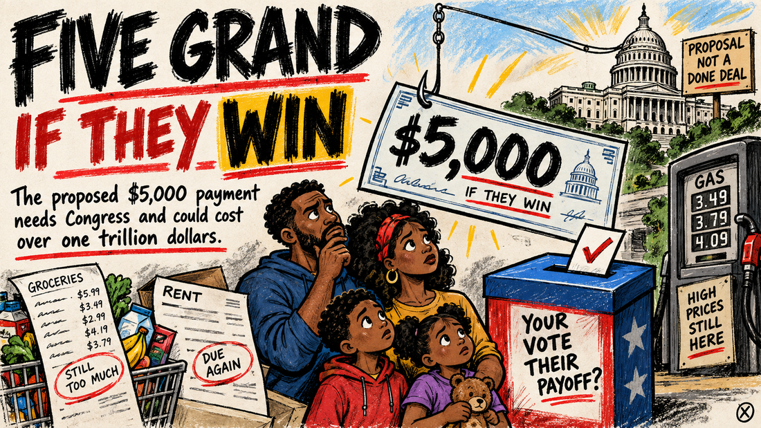 Black editorial illustration showing a proposed $5,000 payment dangling over a ballot box.
