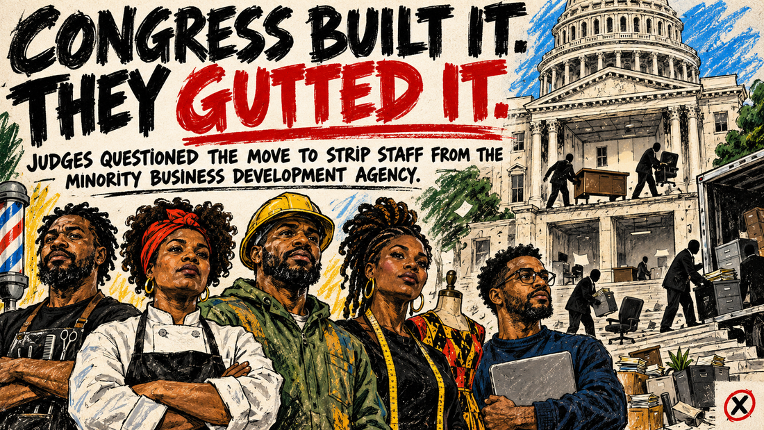Hand-drawn editorial poster showing Black small-business owners watching desks and workers being removed from a congressionally created federal agency.
