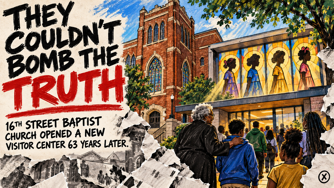 Hand-drawn BLACKRALLY X editorial illustration of 16th Street Baptist Church and a new visitor center carrying the history forward.