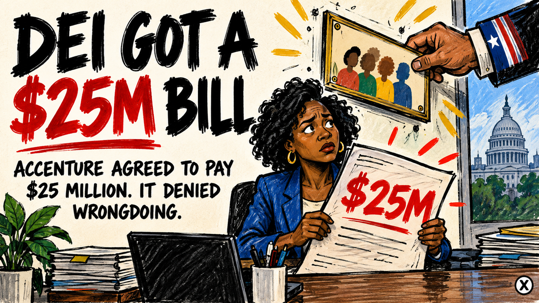 Hand-drawn BLACKRALLY X editorial illustration showing a Black worker holding a $25 million invoice as a diversity office is dismantled.