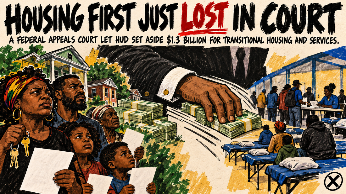 Hand-drawn editorial poster showing Black families holding keys as a giant bureaucratic hand moves money from permanent homes toward temporary shelter beds.