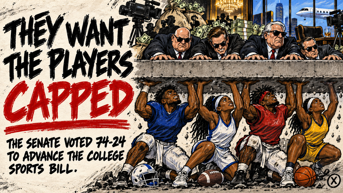 Hand-drawn BLACKRALLY X editorial illustration of Black college athletes pushing against a compensation ceiling while executives hold it down.