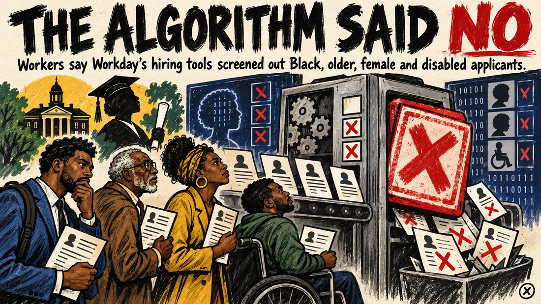Hand-drawn editorial illustration of Black job applicants facing an automated hiring rejection gate under the headline The Algorithm Said No.