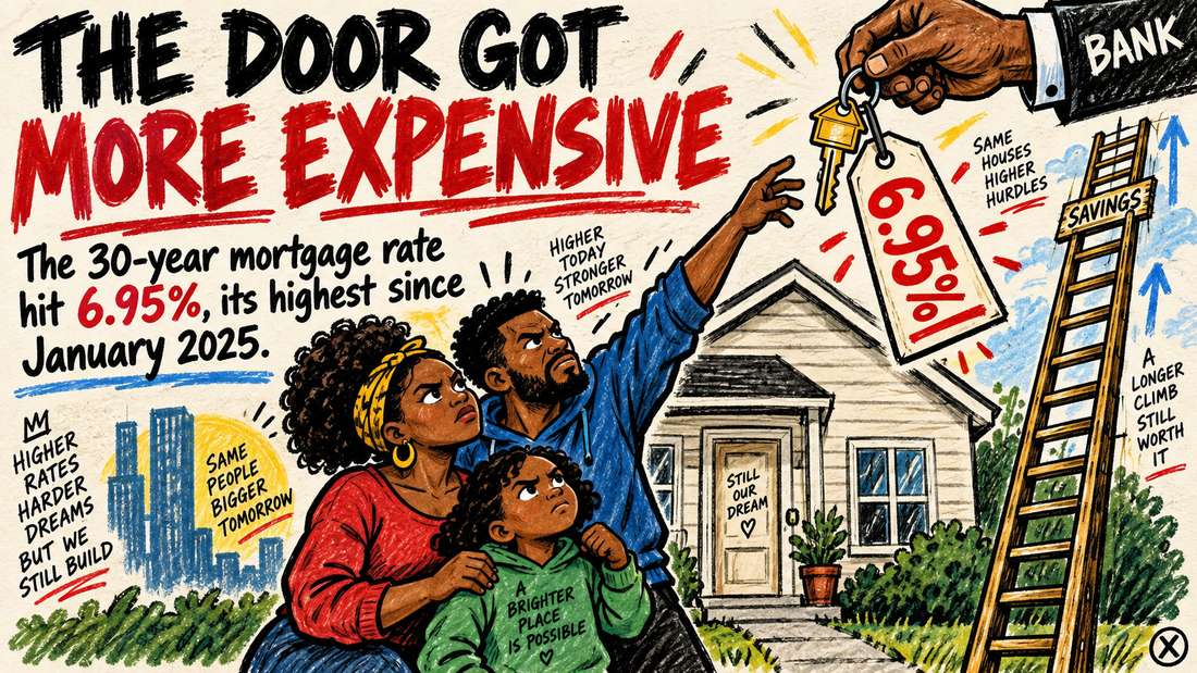 Hand-drawn BLACKRALLY X editorial illustration of a Black family reaching for a house key carrying a 6.95% mortgage-rate price tag.