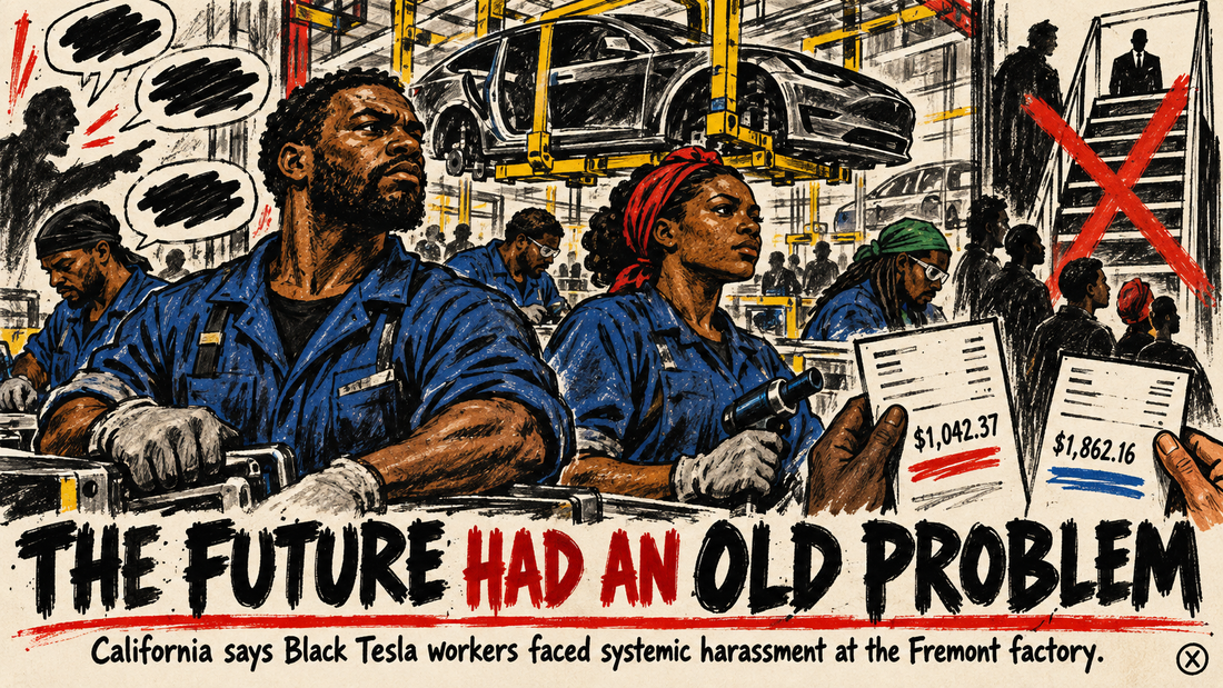 Hand-drawn editorial illustration of Black Tesla factory workers and a blocked promotion ladder under the headline The Future Had an Old Problem.