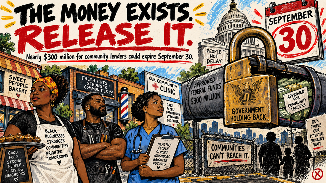 Hand-drawn editorial illustration of Black community business and health workers beneath locked federal funds and a September 30 deadline.