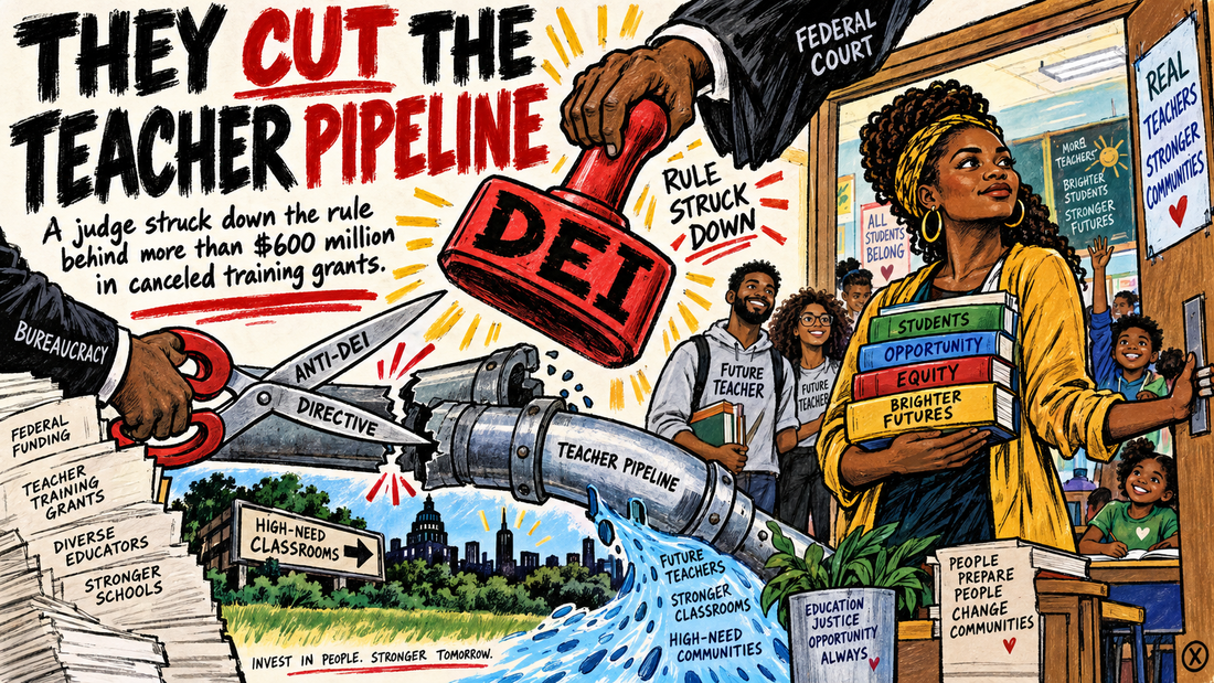 Hand-drawn BLACKRALLY X editorial illustration of a Black teacher protecting a teacher-training pipeline from an anti-DEI funding cut.