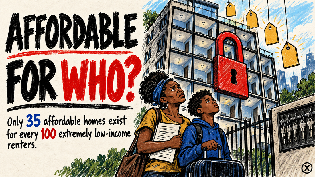 Hand-drawn editorial illustration of a Black mother and son locked out of an apartment building with empty units.