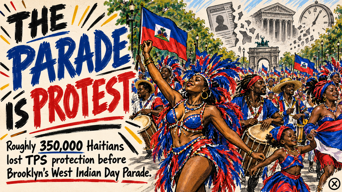Hand-drawn editorial illustration of Haitian American Carnival marchers carrying Haitian flags in Brooklyn.