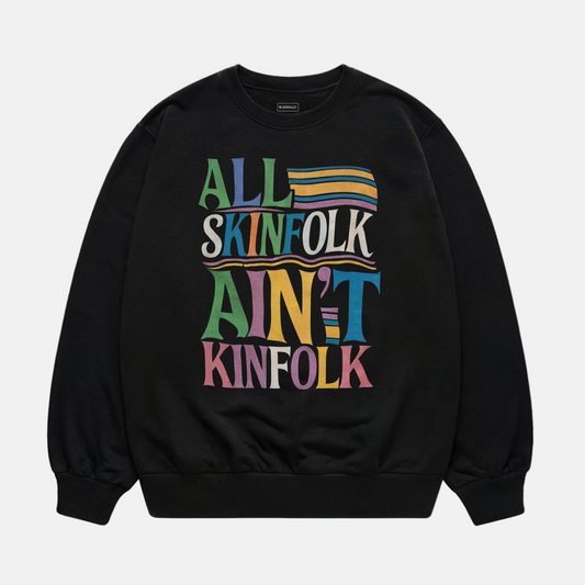 Black sweatshirt with colorful text design on a white background